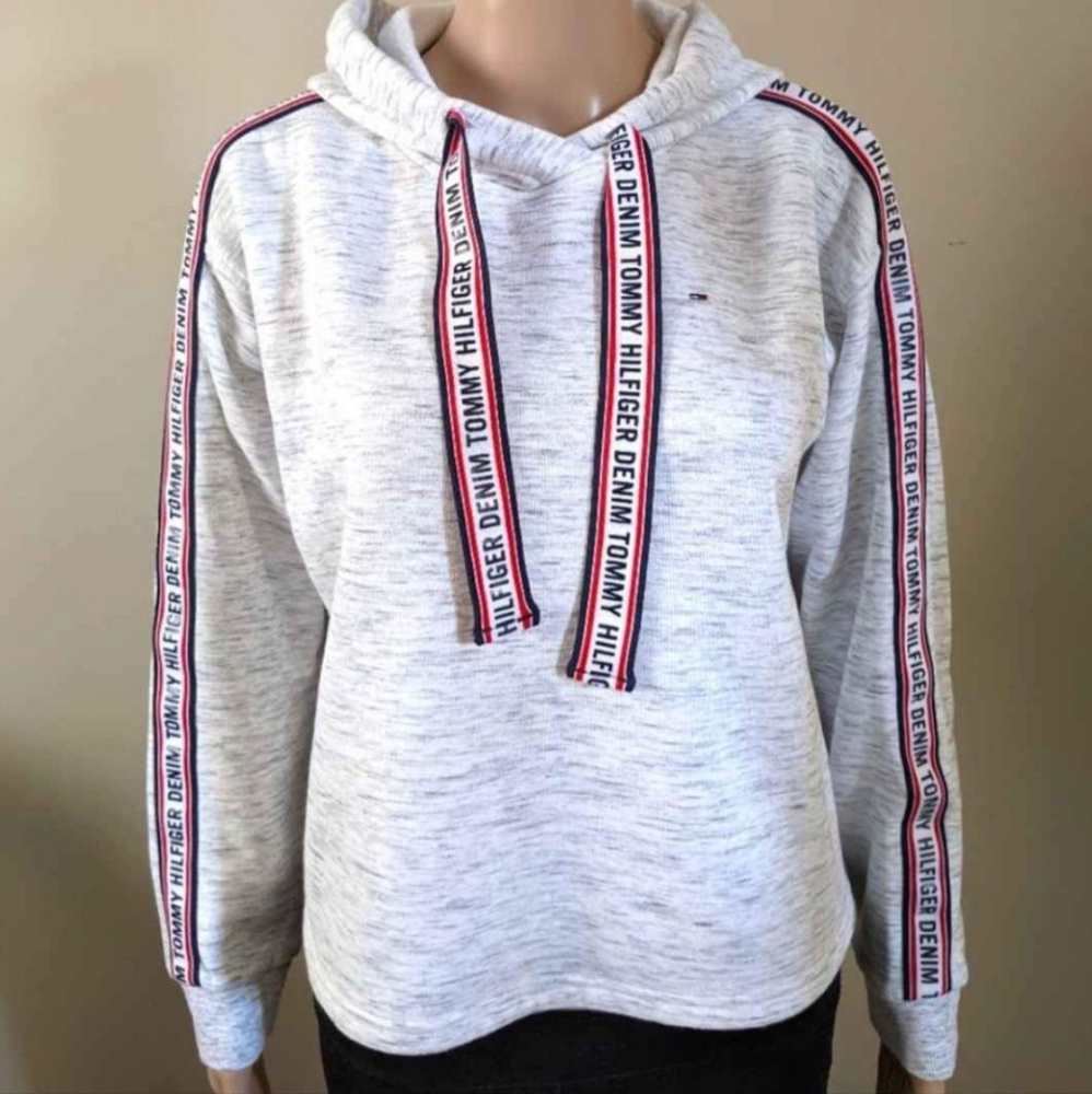 Tommy Hilfiger Denim striped grey hoodie, women's medium